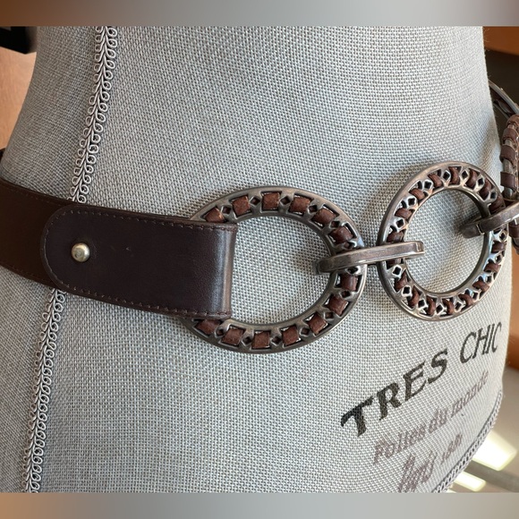 Suzi Roher Accessories - SUZI ROHER Dark Brown Leather Belt with Nickel Metal Ring Accents, Size 34-35"